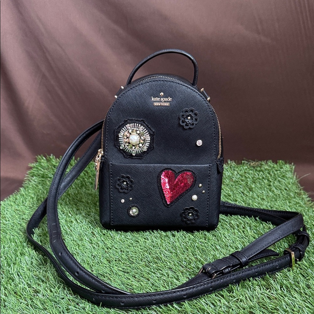 Kate Spade Black Backpack with Beaded and Floral Accents